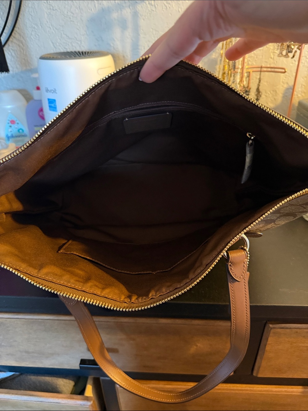 Coach Brown Signature Canvas Tote with Tan Leather Trim - Picture 3 of 4